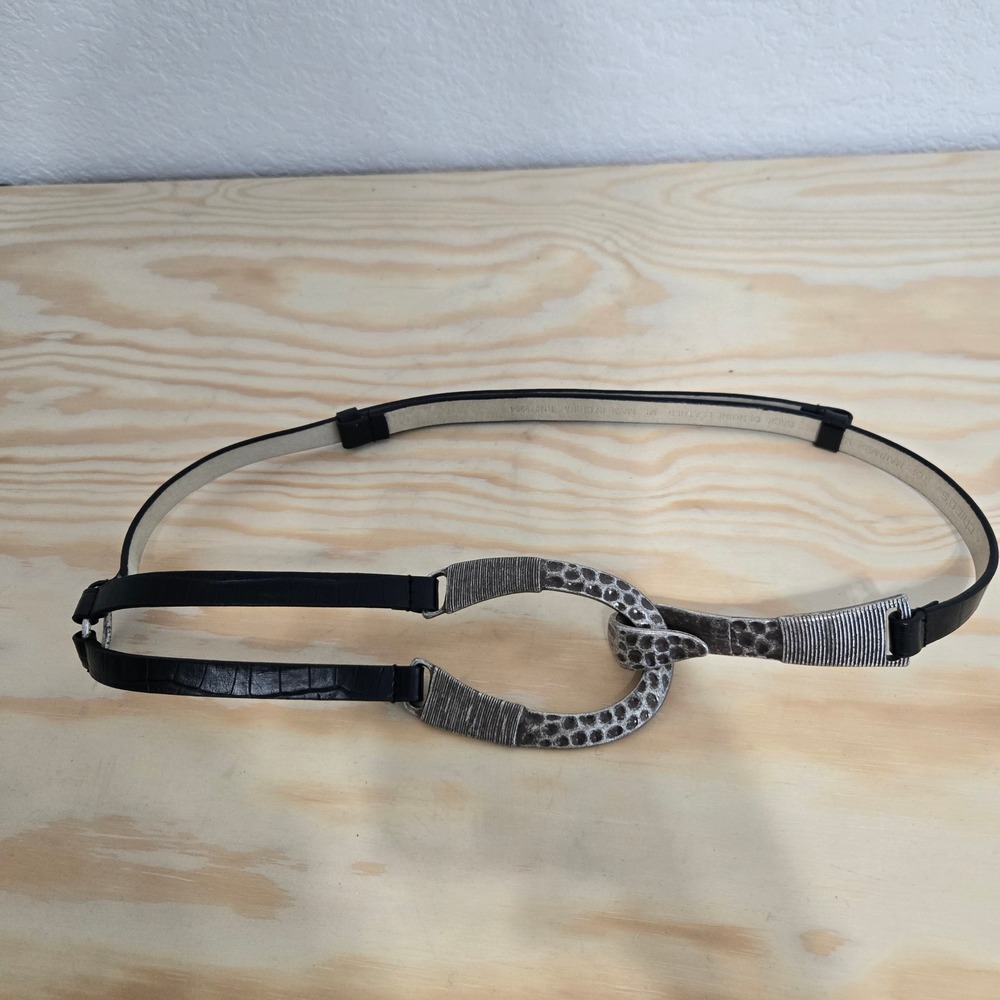 Chicos Black Skinny Belt Silver Hammered Hook Buckle Croc Embossed Leather ML